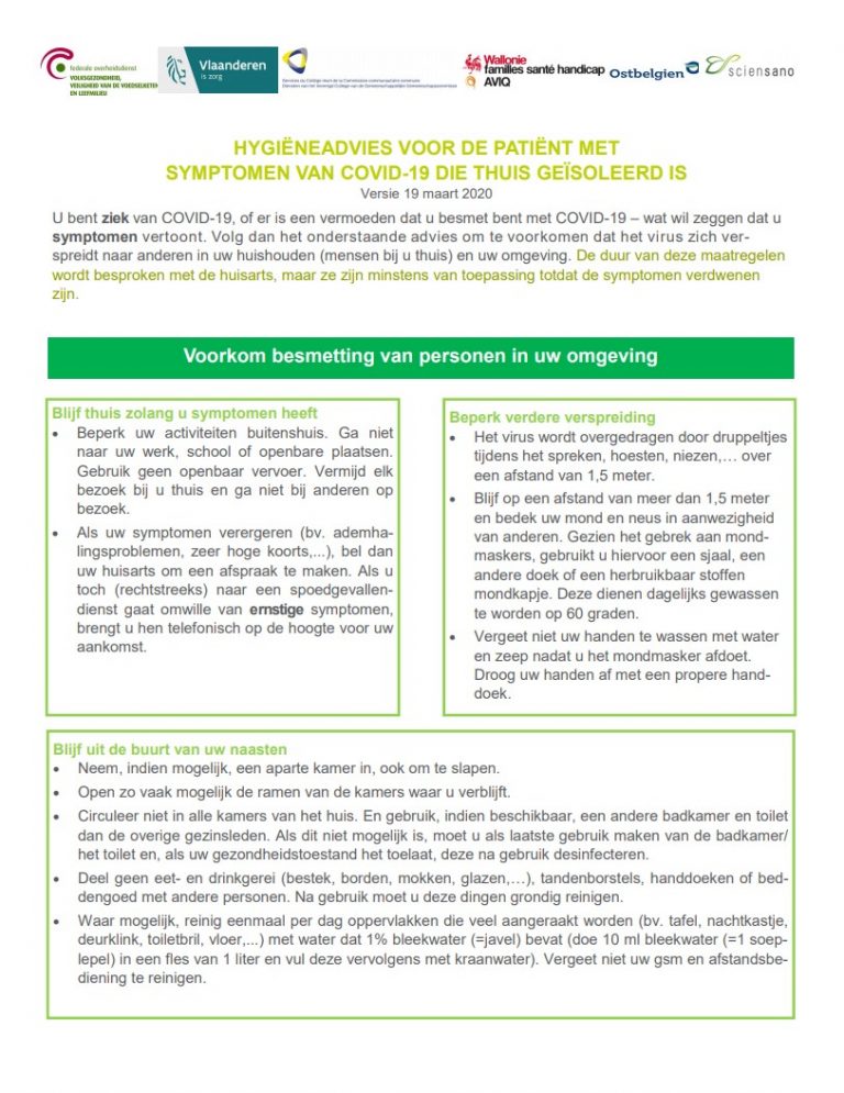 Hygiëneadvies voor patiënt met symptomen van COVID19 HET ATRIUM